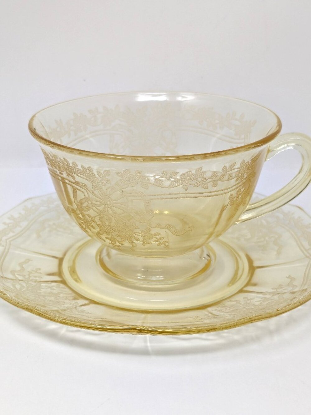 VTG Fostoria June Topaz Yellow Footed Cup & Saucer Set Elegant Glass 1930s